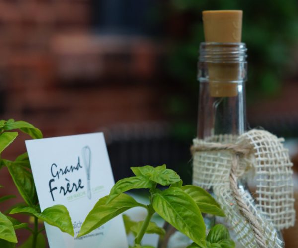 Frischer Basilikum mit Grand Frère Menükarte und Glaskaraffe, perfekte Begleitung für Catering-Events.